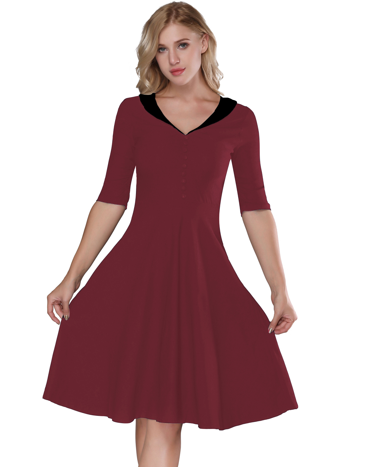 F2529-2 Wine Red & Black   Retro Vintage Style Cocktail Party Swing Dress